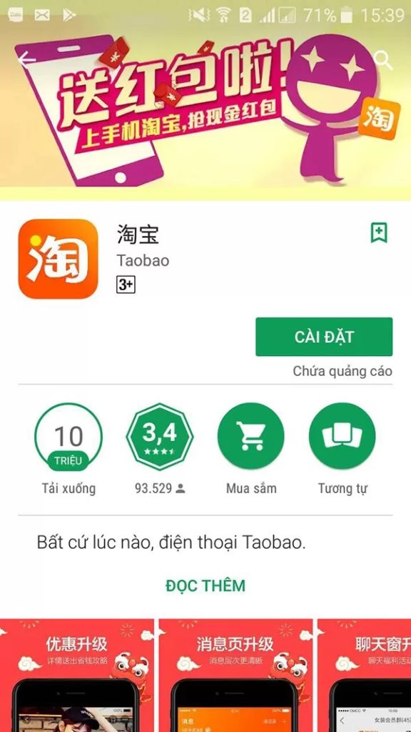 Giao diện app Taobao trên điện thoại Android