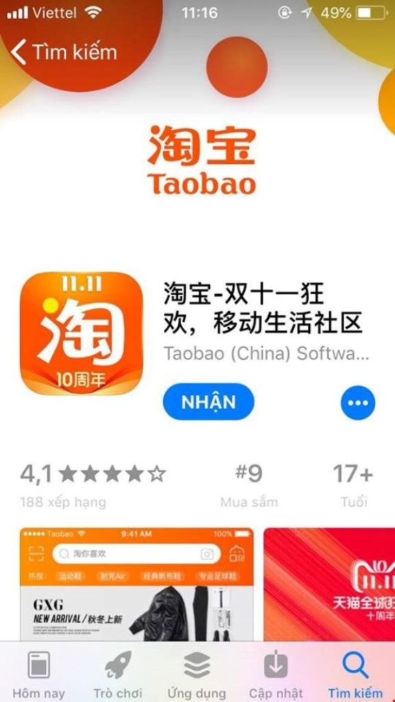 Giao diện app Taobao trên điện thoại IOS