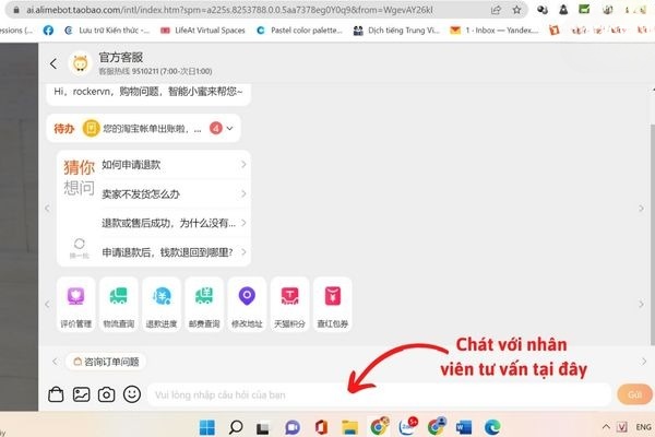 Chat bằng tiếng Trung trên website taobao yêu cầu nhân viên hỗ trợ
