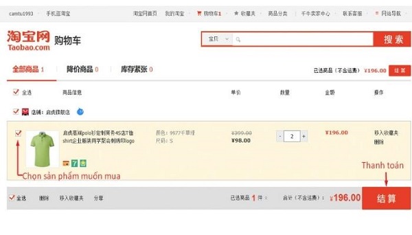 Lựa chọn mặt hàng muốn mua trên Taobao