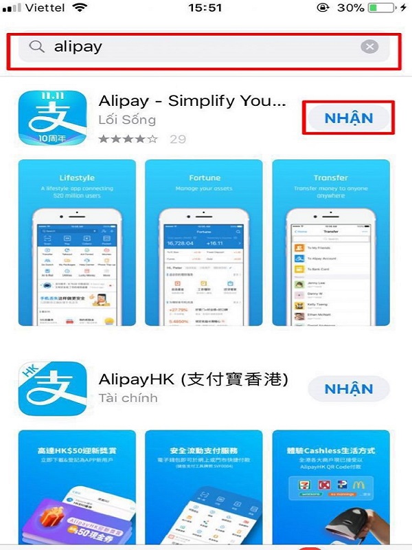 Tìm Alipay trên thanh tìm kiếm 