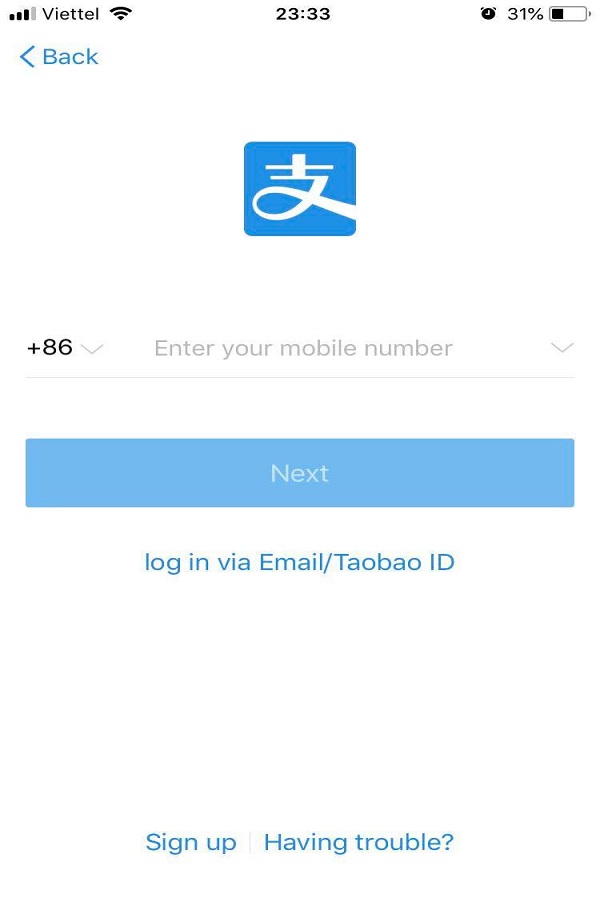 Nhập số điện thoại để đăng ký Alipay