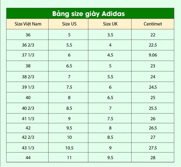 Bảng size giày adidas quy đổi sang size giày Việt Nam 